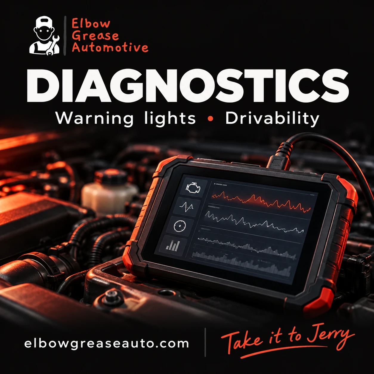Elbow Grease Automotive diagnostics graphic: warning lights and drivability.