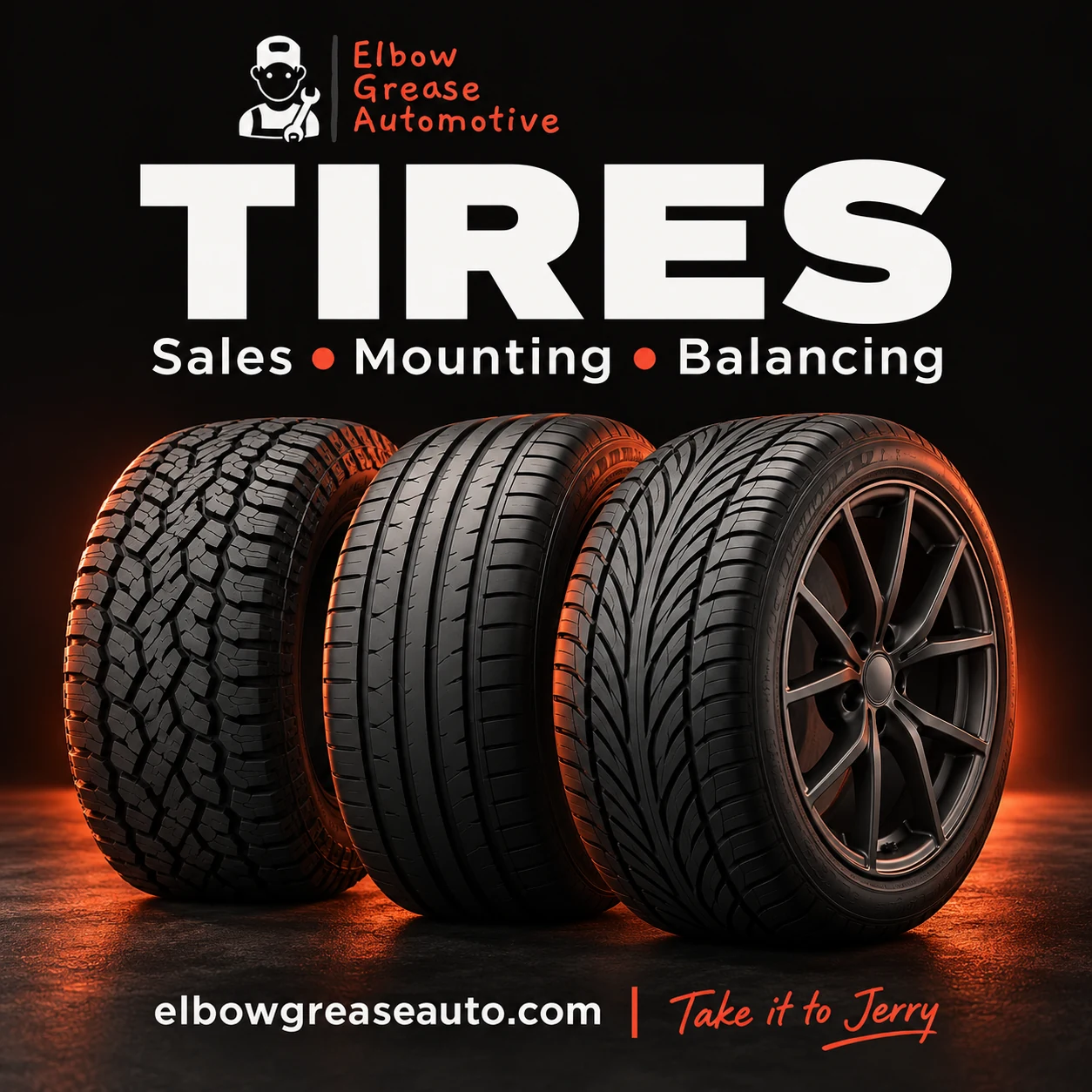 Elbow Grease Automotive tire sales, mounting and balancing graphic.